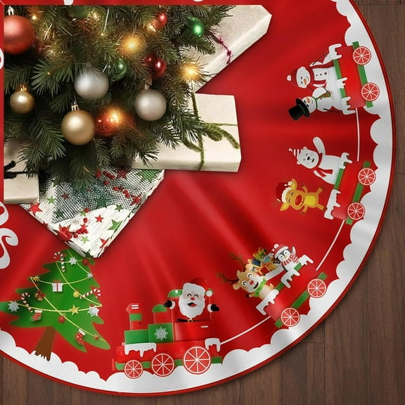 Christmas Tree Skirt Red White Cloth Christmas Tree Base Cover Skirts Decor for Xmas Party Holiday Home Garden (Christmas Train, 36inch)