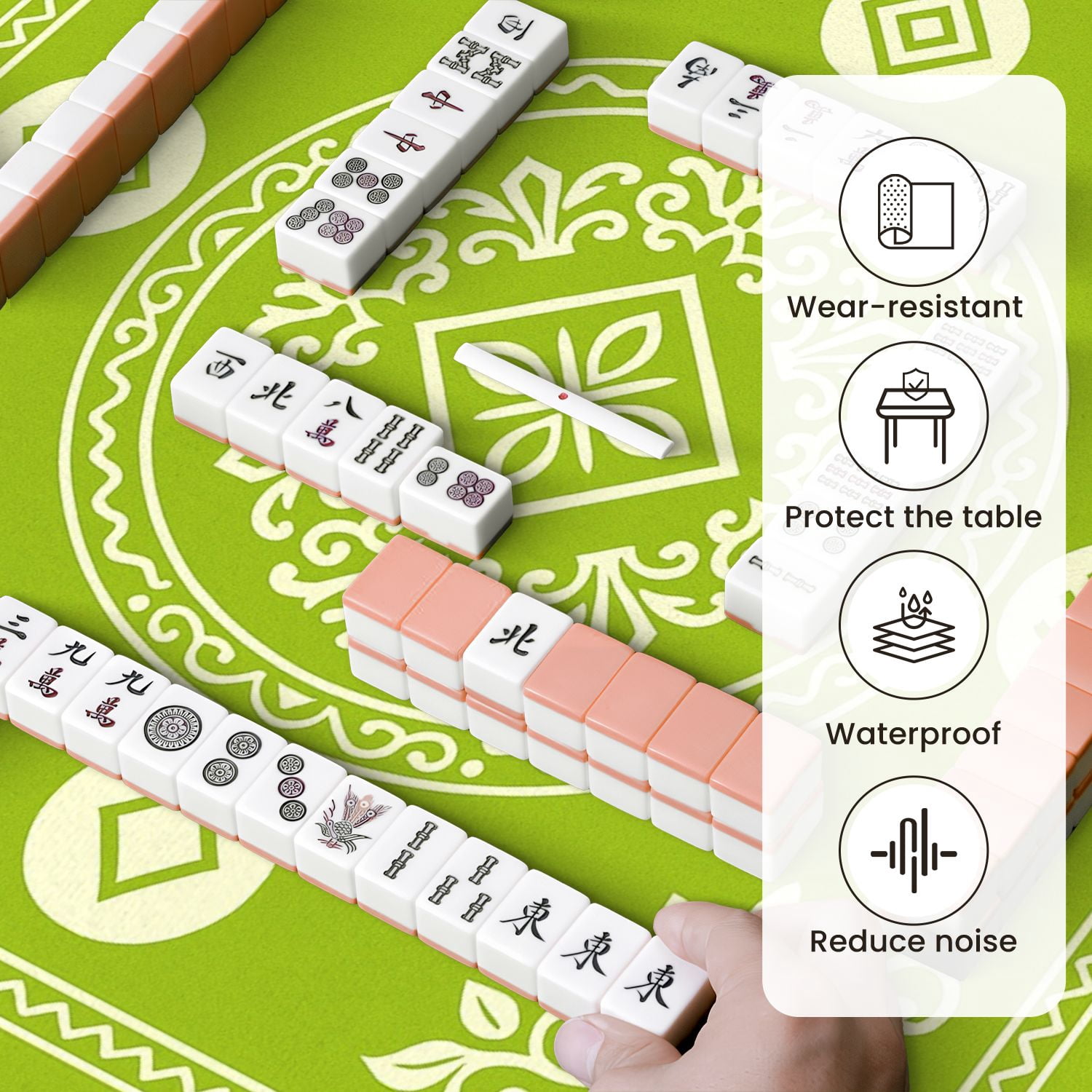 Mahjong Mat 31.5" x 31.5" Green Floral Mandala Diamond Wave Elements Anti-Slip and Noise Reduction Symmetry Design Mahjong Tiles Table Cover for Dominoes Poker Card Board and Tile Games
