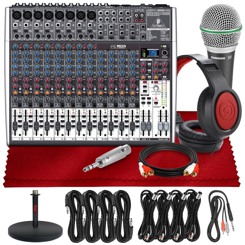Behringer Xenyx X2222USB 22-Input 2/2-Bus Mixer with USB/Audio Interface  and Effects + Microphone & Headphones Platinum Bundle