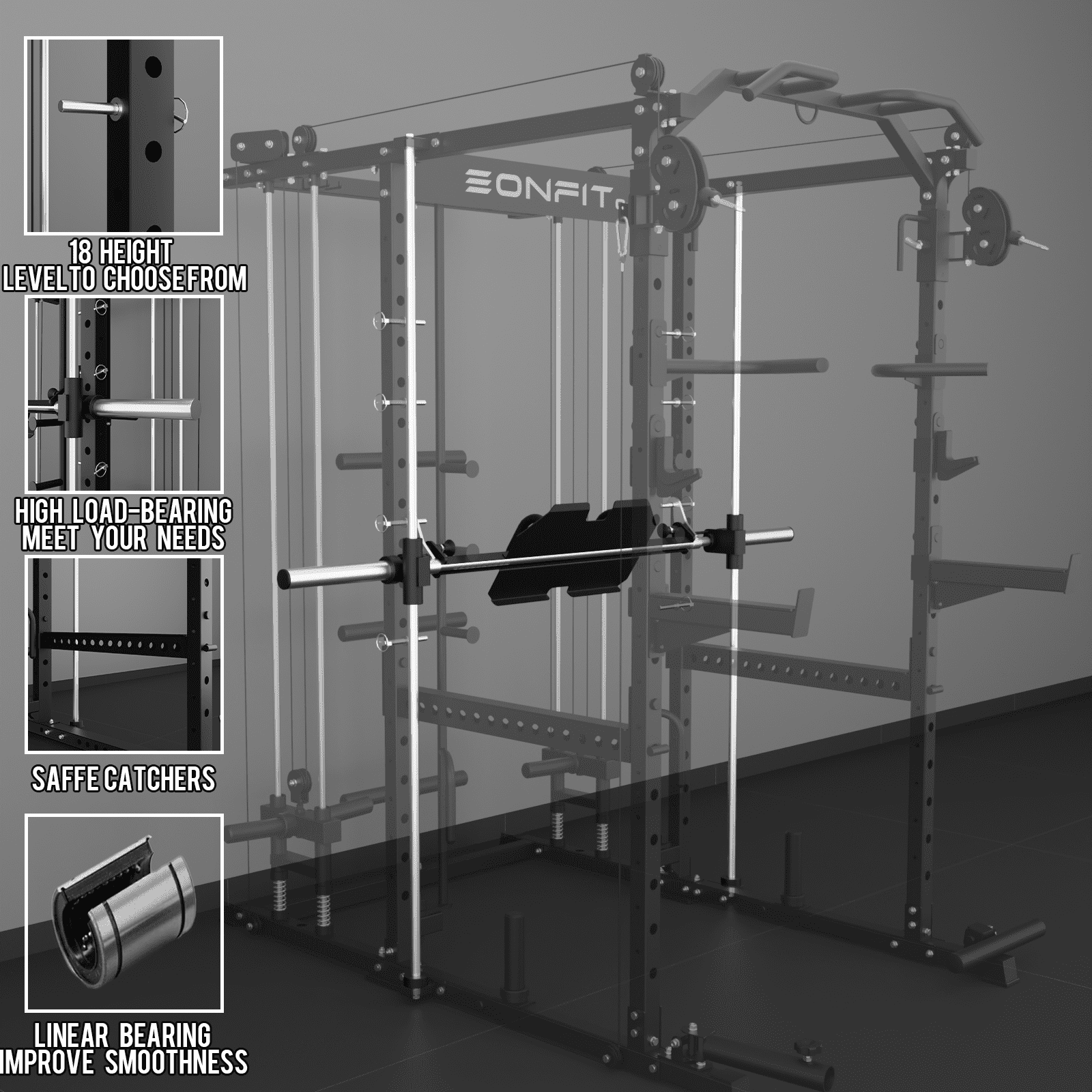 Eonfit E5 Smith Machine with Vertical Leg Press, Power Cage Squat Rack with LAT-Pull Down Cable Crossover Rotating Arms System Home Gym Equipment All in One (E5 BLK)