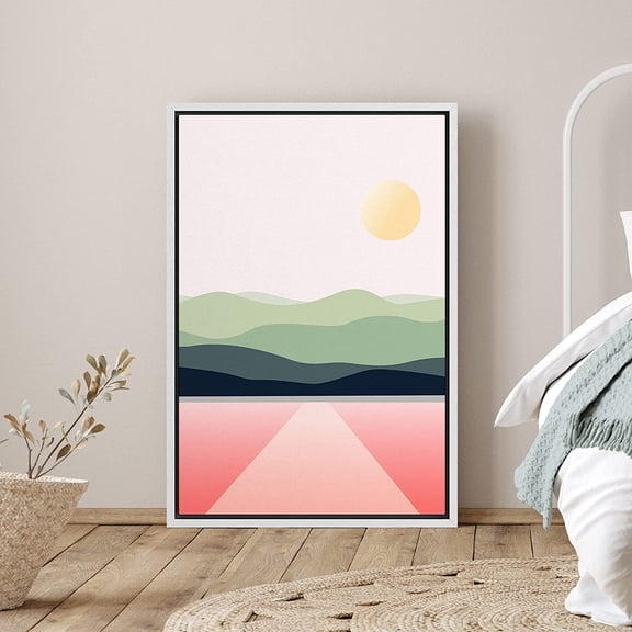 PixonSign Framed Canvas Print Wall Art Road Expands to Mountains Geometric Shapes Illustrations Modern Art Rustic Portrait Relax/Calm Multicolor Boho Decor for Living Room, Bedroom - 24"x36" White