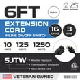 thumbnail image 2 of Iron Forge Cable 6 Ft Black Outdoor Extension Cord with IP65 Inline Switch On/Off, 16/3 SJTW 3 Prong Waterproof Switch - 10 AMP Cord - ETL Listed, 2 of 7