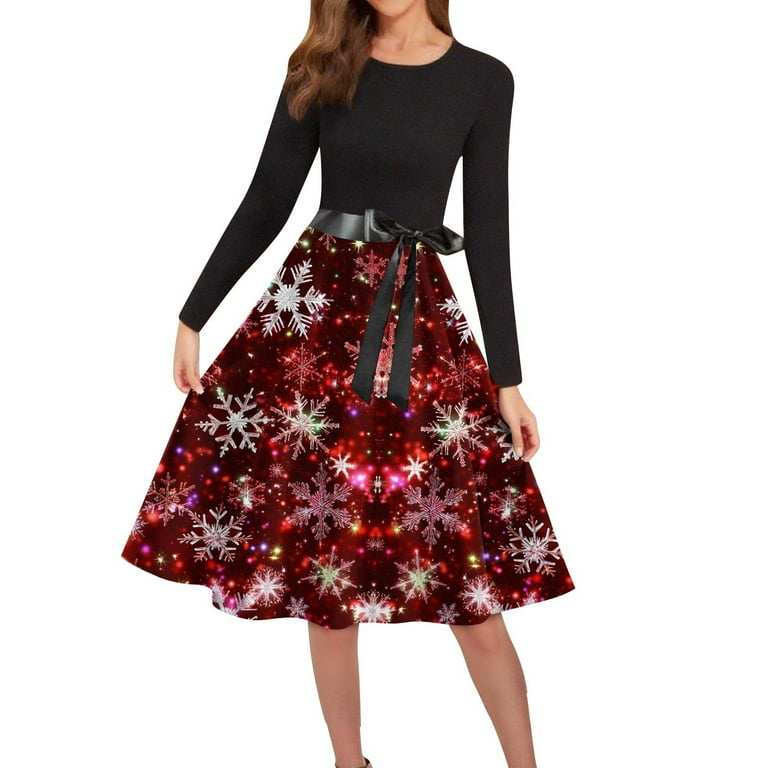 Cavosen Christmas Womens Work Dresses Crew Neck Long Sleeve Midi Evening  Gowns Ball Dress Elegant A Line Wedding Guest Cocktail Party Dress -  Walmart.com