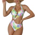 thumbnail image 1 of Traje de baño de bikini para mujer, traje de baño de una pieza con teñido anudado, corte alto, cuello halter, sin espalda, anillo en O, traje de baño verde M, 1 of 6