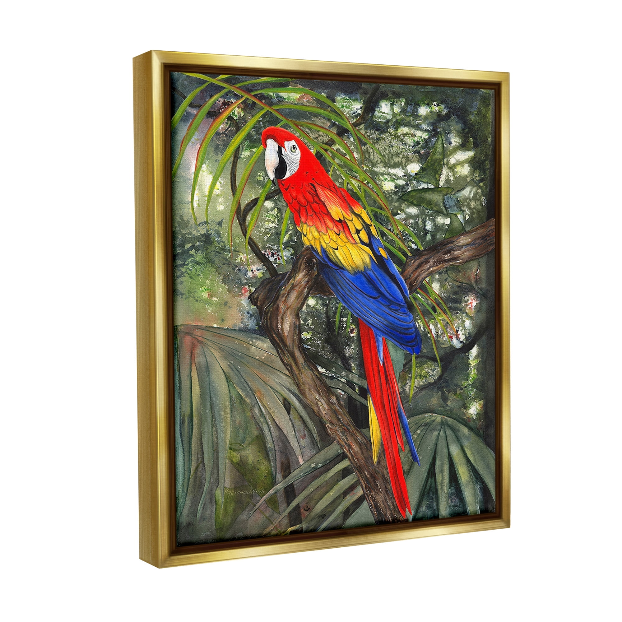 Stupell Industries Parrot Among Branches Animals & Insects Painting Gold Floater Framed Canvas Art Print Wall Art, 17 x 21