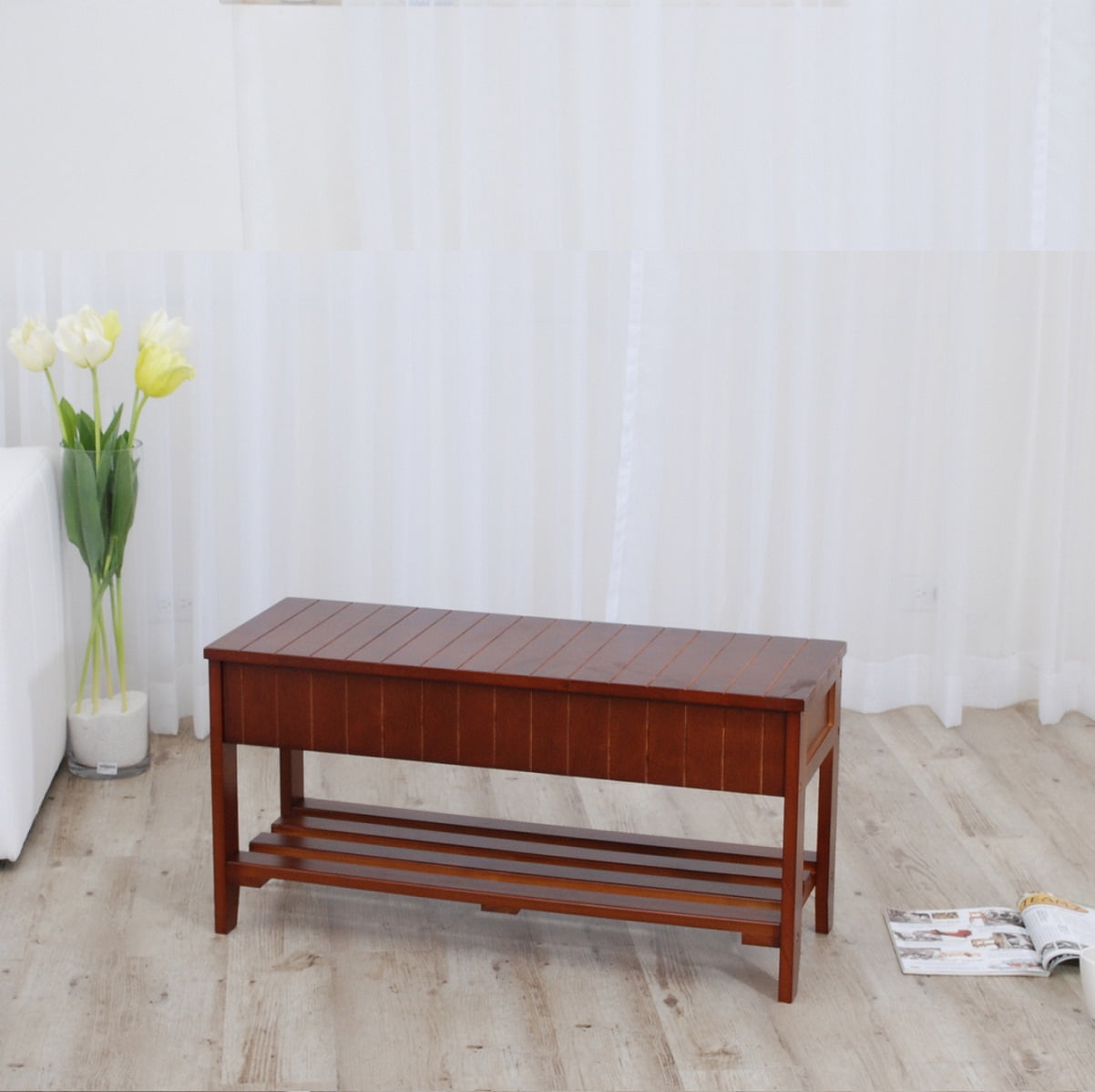 Aukfa Storage Bench, Wood Shoe Bench with Flip Top Storage for Hallway/Entryway/Living Room, Cherry