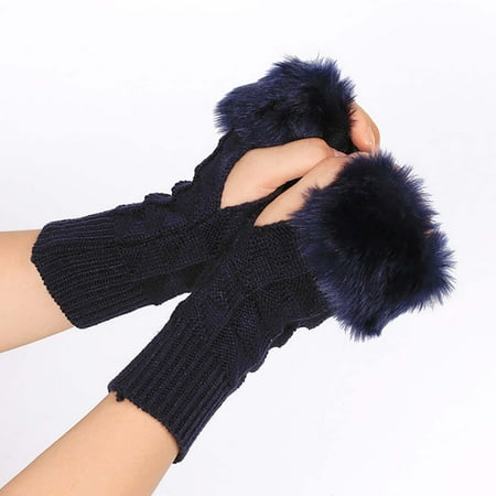 

Huachen Autumn/winter Medium Length Knitted Gloves Half Finger Computer Gloves Warm Imitation Rabbit Gloves