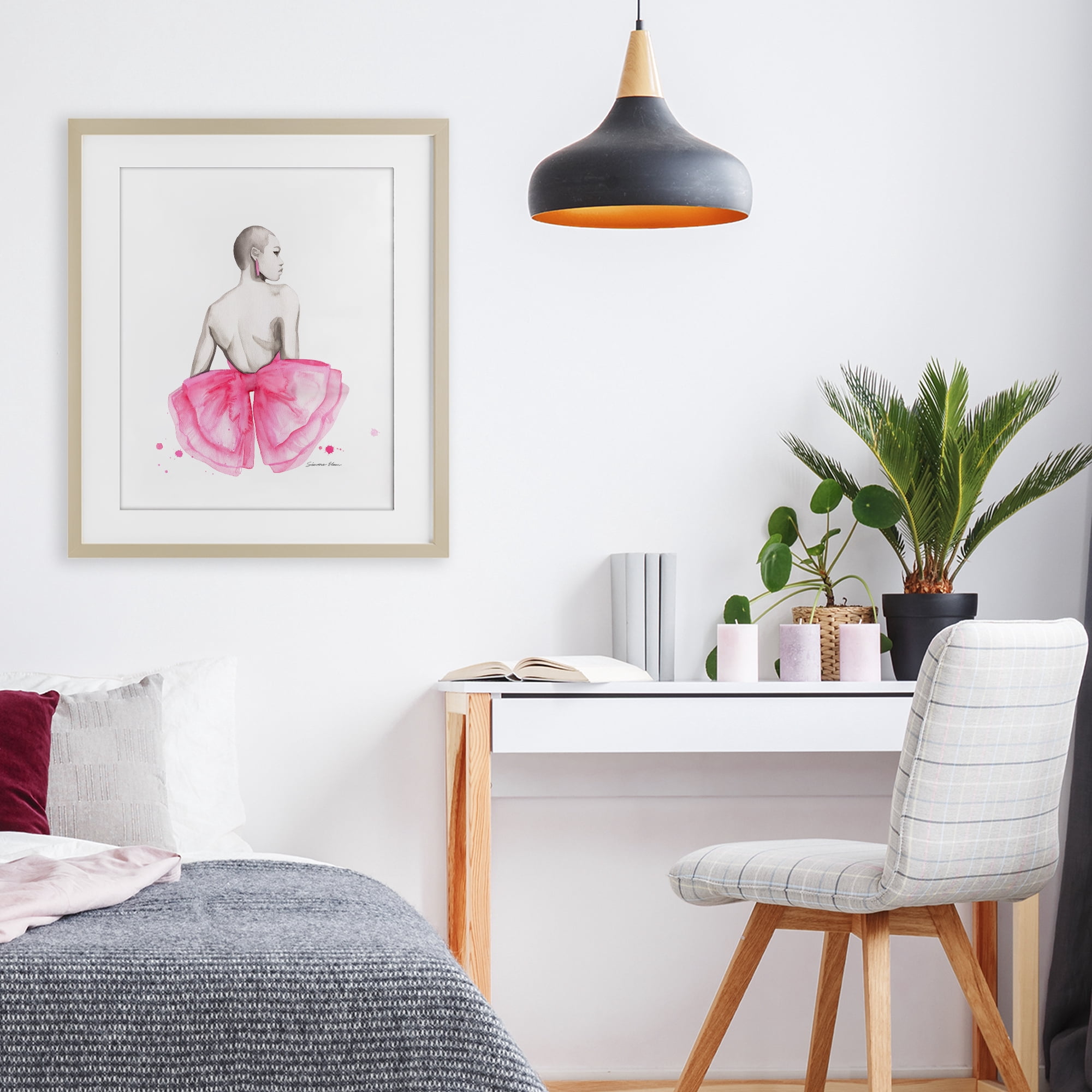 Stupell Industries Pink Bow Portrait From Behind Birch Framed Print Under Glass, design by Simone Elum