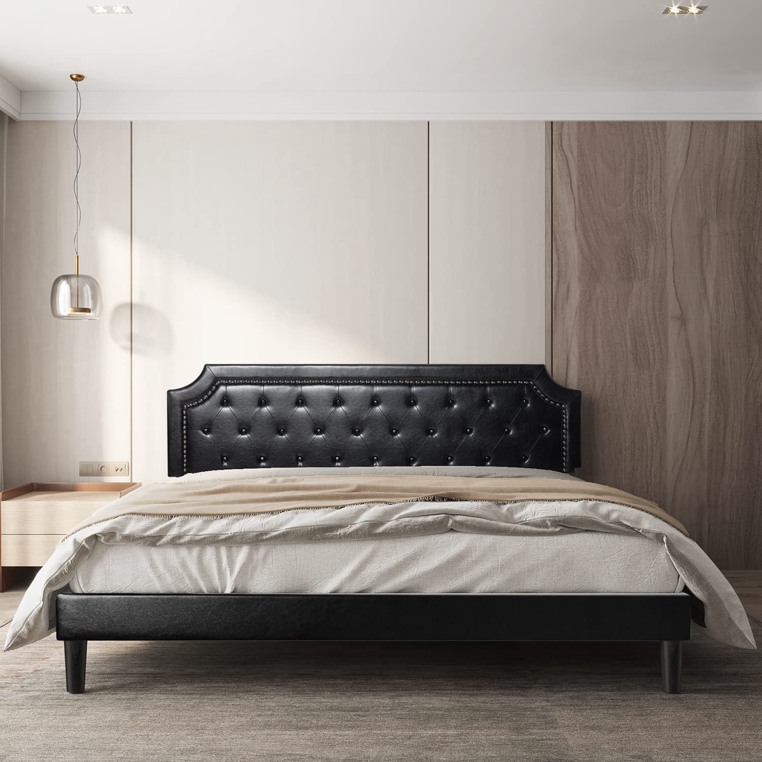 BONSOIR FULL Size Bed Frame Upholstered Low Profile Platform Bed with Tufted Faux Leather Headboard/No Box Spring Needed/No Bed Skirt Needed (Black, Full Size)