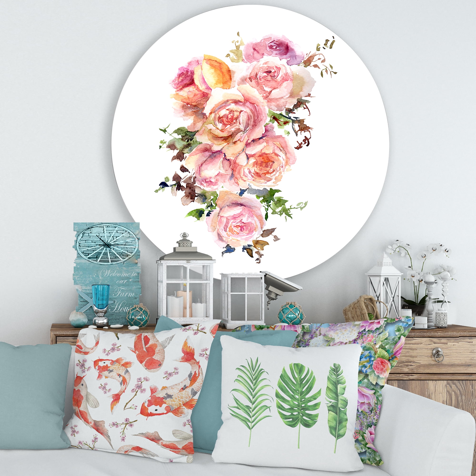 Designart 'Bouquet Of Pink Roses Flowers' Traditional Circle Metal Wall Art 29x29 - Disc of 29
