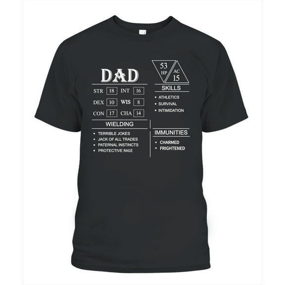 NETECOM D&D Dad Character Sheet T-Shirt, Funny RPG Stats Graphic Tee, Tabletop Gaming Gift for Nerdy Fathers, S-5XL