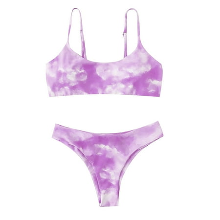 

LBECLEY Sports Bra Swim Top Women s Tie-Dye Print Brazilian Bikini Set High Cut Two Piece Swimsuit 5X Swimsuits for Women Plus Size Polyester Purple M