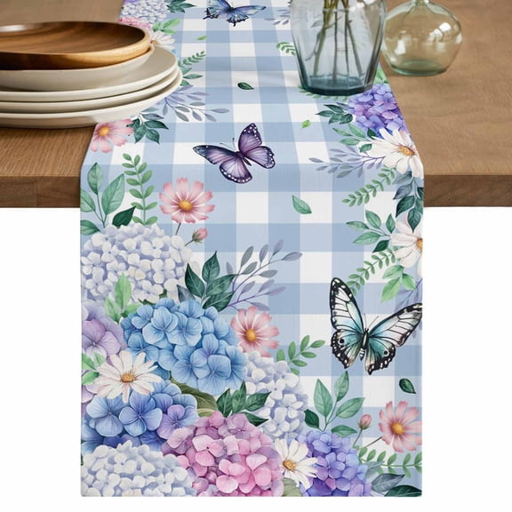 Table Runner 70 Inches Long for Kitchen Dining, Watercolor Flowers Dresser Scarf Farmhouse, Dining Table Decorations for Wedding/Parties, Spring Floral Butterflies Blue Plaid 13 x 70 In