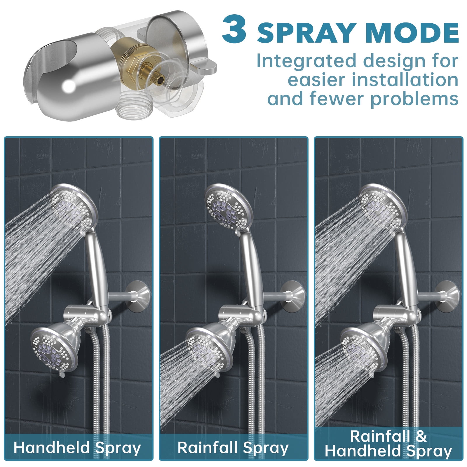 Cshidworld Premium High Pressure Dual Shower Head, 3-Way Rainfall Combo, 5 Spray Handheld Shower Head and 5 Spray Rain Showerhead with 60” Stainless Steel Hose Separately or Together, Chrome
