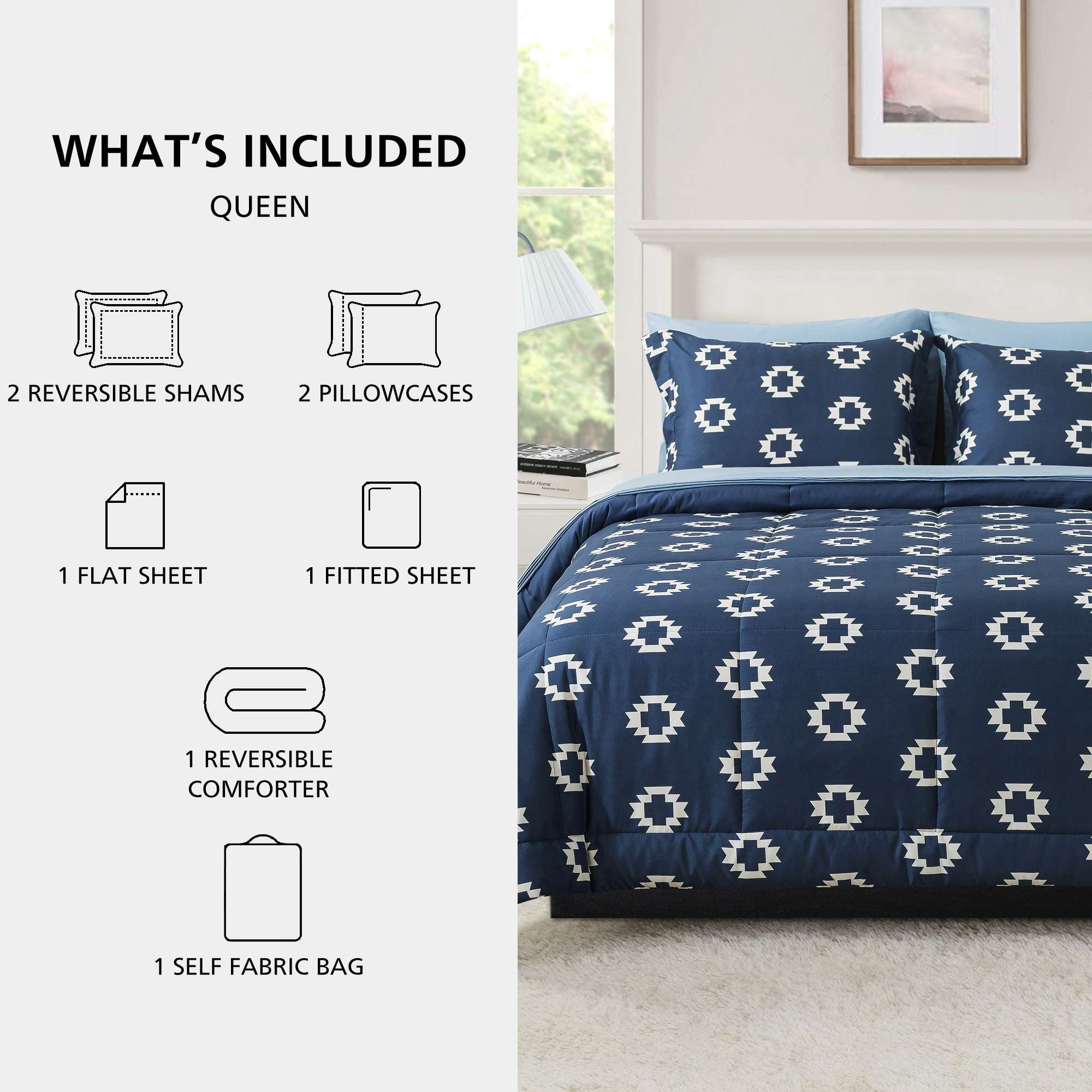 Mainstays All in One Reversible Comforter and Sheet Set, 7-Piece, Queen, Navy Geo