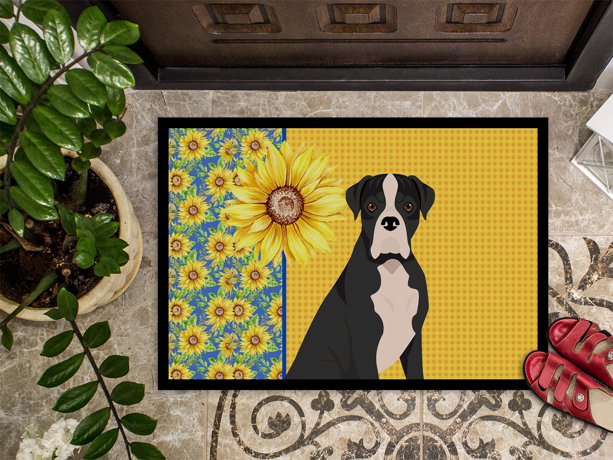 Carolines Treasures WDK5342JMAT 24 x 36 in. Summer Sunflowers Natural Eared Black Boxer Indoor or Outdoor Mat