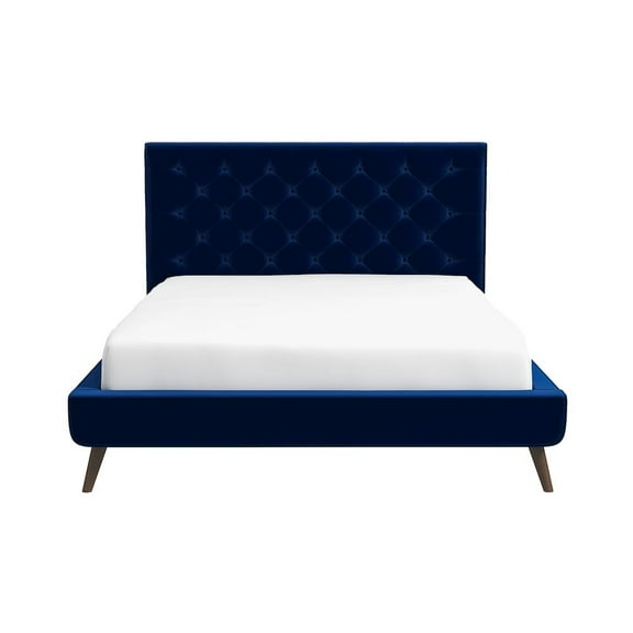 Alice Mid Century Modern Blue Velvet Upholstered Queen Platform Bed