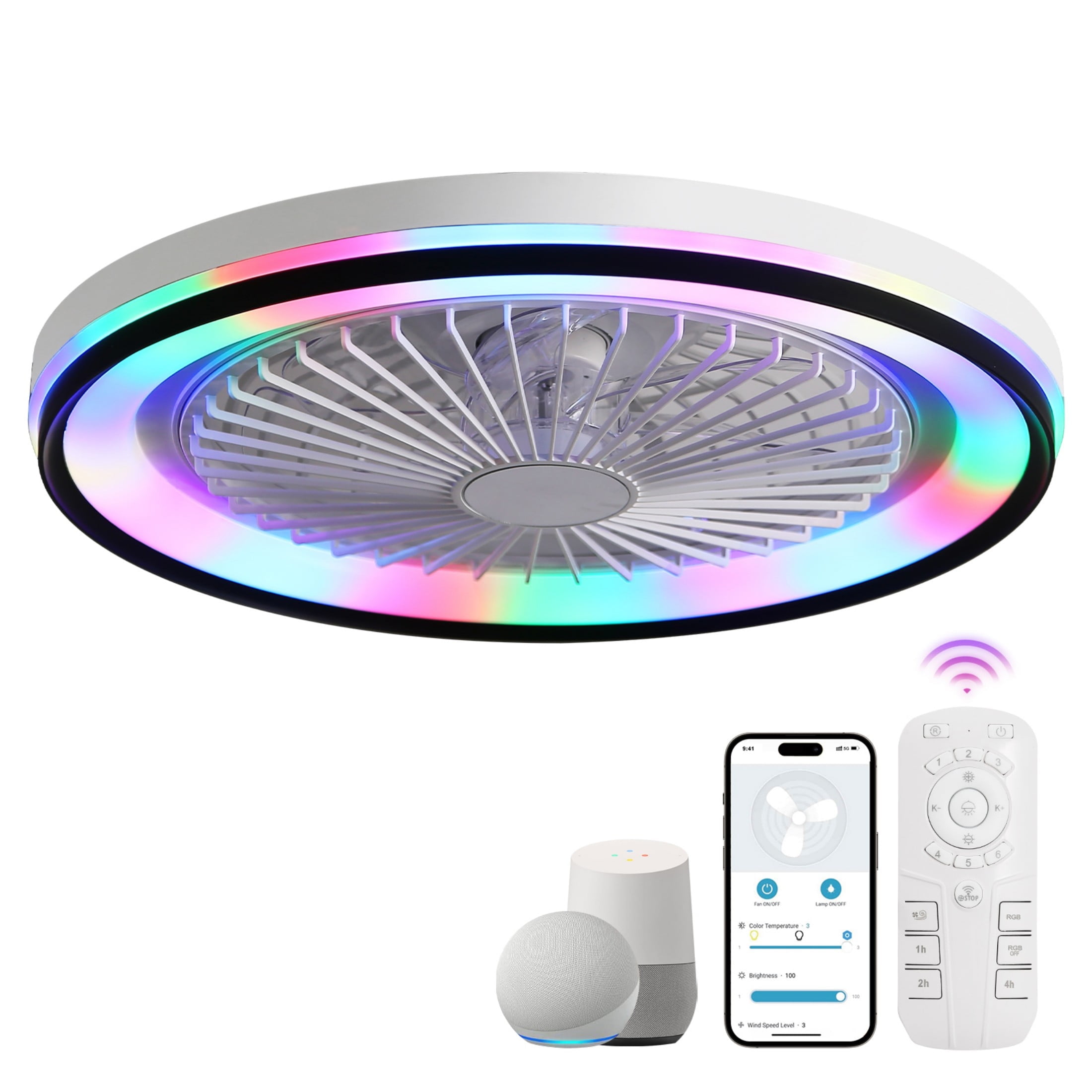 Sofucor 19-Inch Flush Mount Contemporary Ceiling Fan with LED Lights, Remote and App Control