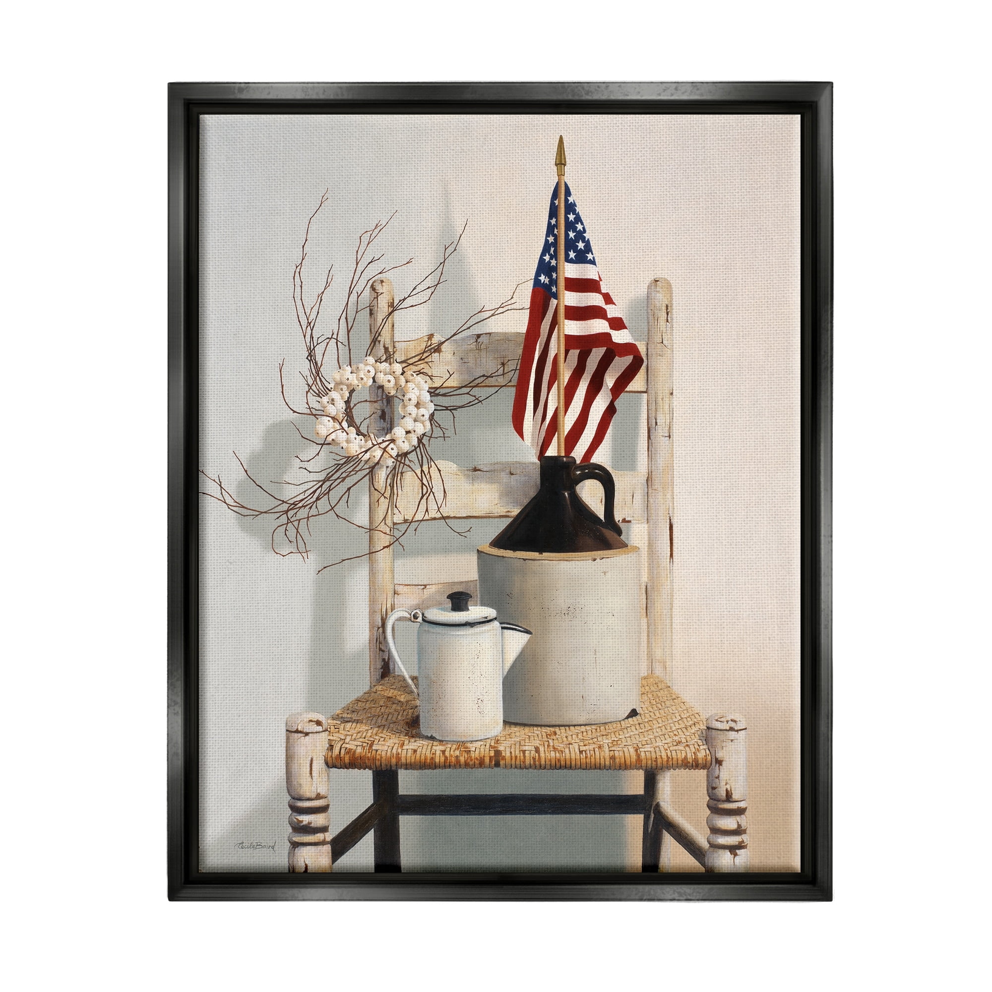 Stupell Industries Vintage Rustic Things American Flag Neutral Painting Jet Black Framed Floating Canvas Wall Art, 24x30, by Cecile Baird