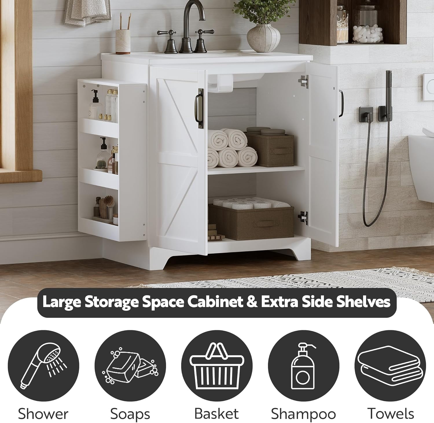LAZZO 31" Bathroom Vanity with Ceramic Sink, Farmhouse Bathroom Vanities with Storage Cabinet and 3 Extra Side Shelves, White