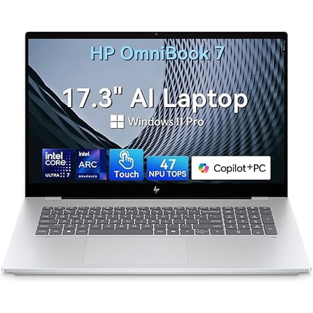 HP OmniBook X Laptop Next Gen AI 17-dd0057nr 17.3",Touch screen,Windows 11 Pro,Intel® Core™ Ultra 7,16GB RAM,1TB SSD,RTX™ 4050,Backlit KB,FHD,Glacier silver