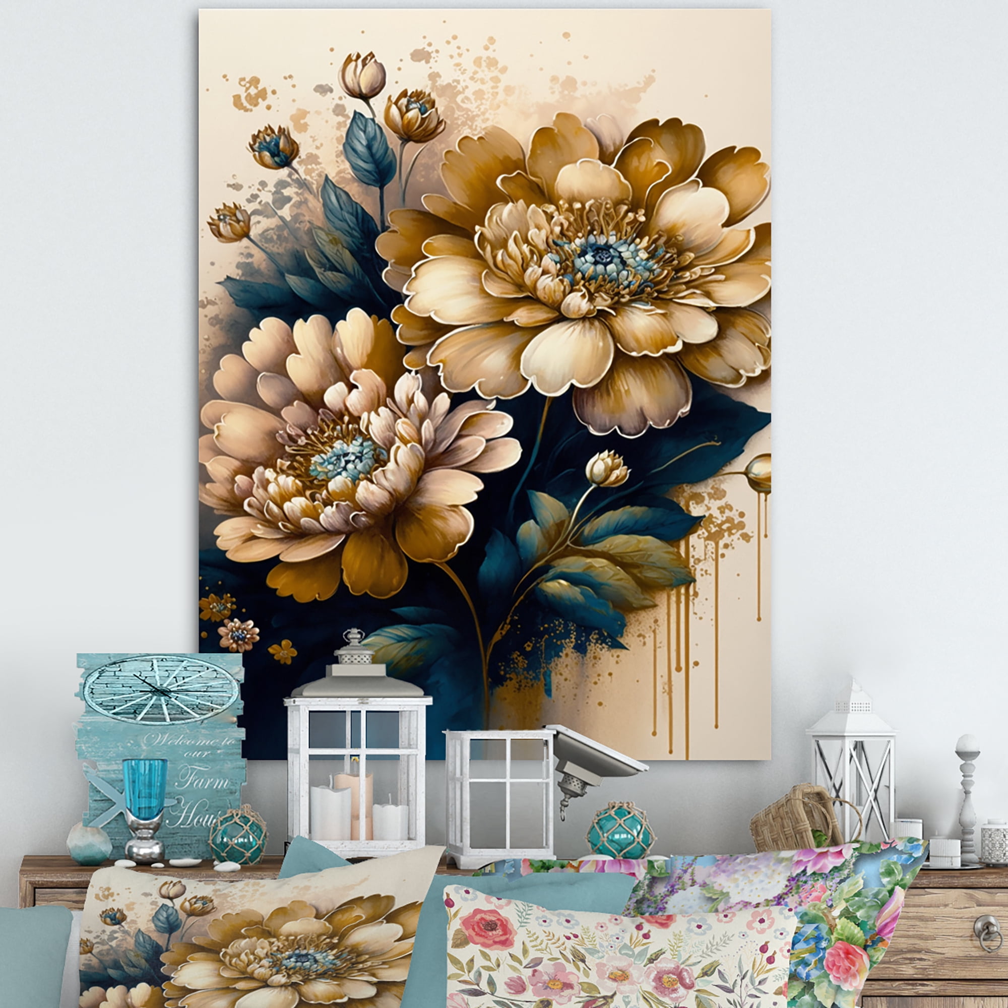 Designart Deep Yellow And Blue Zinnia Flowers I Canvas Wall Art