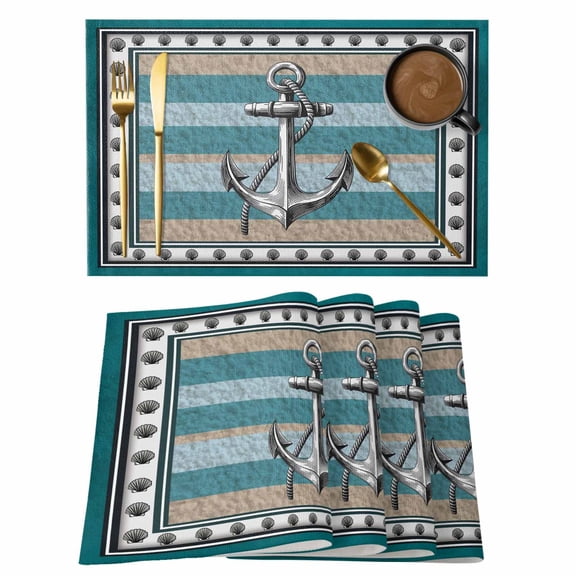 Blue Beige Anchor Placemats Set of 8, Nautical Summer Beach Coastal Ocean Placemats for Dining Table, Place Mats for Kitchen Tabletop, Waterproof Wipeable Dining Table Mats Set