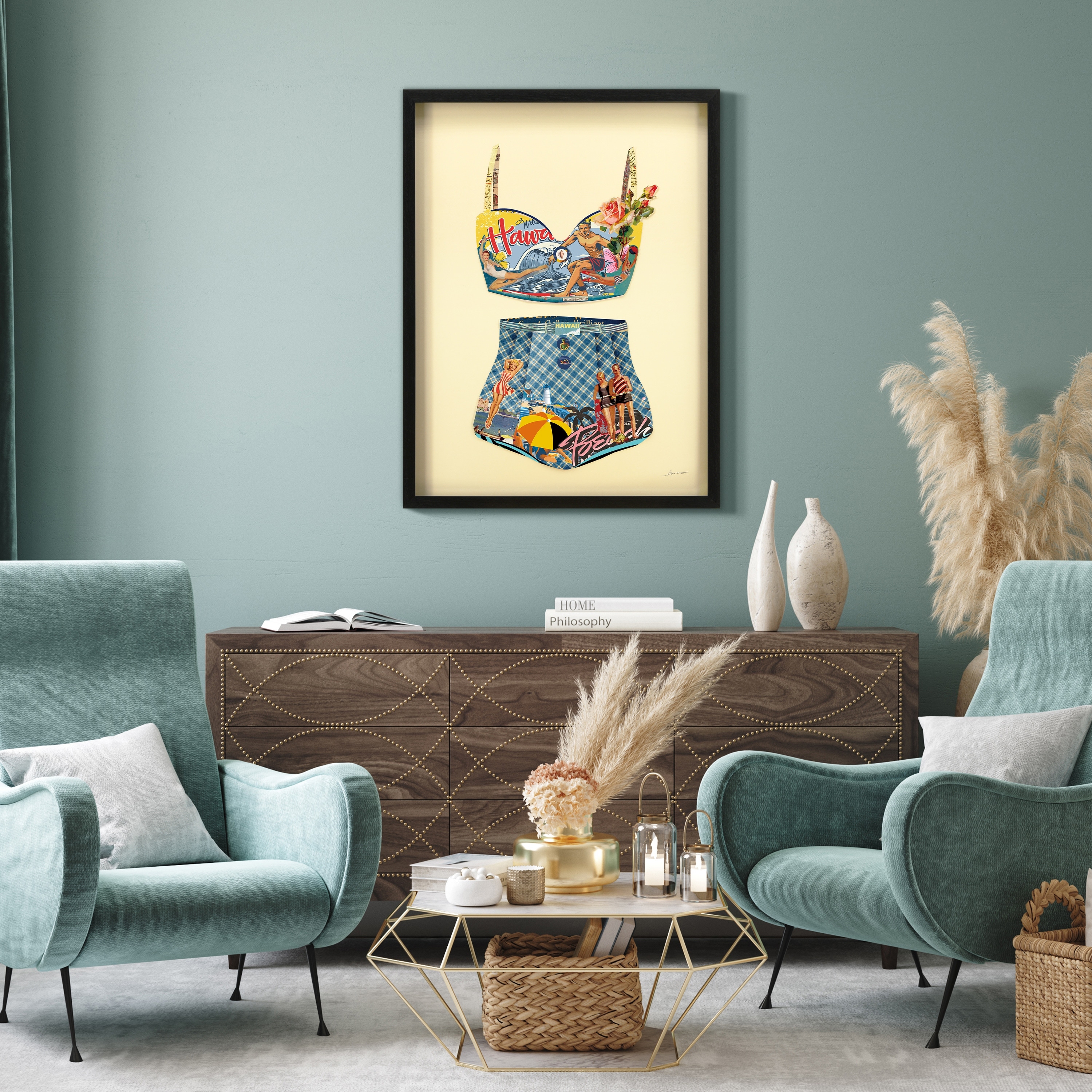 "Hawaii Beach" Dimensional Collage Framed Graphic Art Under Glass Wall Art