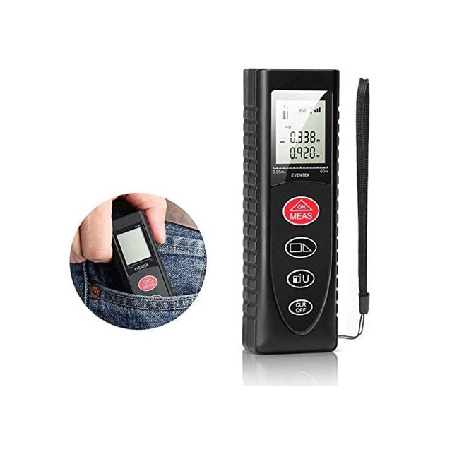 Medidor de distancia láser de 60 m, medidor de distancia micro láser (0,15–60 m/±1,5 mm), retroiluminación LCD, función de suma automática, medición continua, almacenamiento de datos, IP54,
