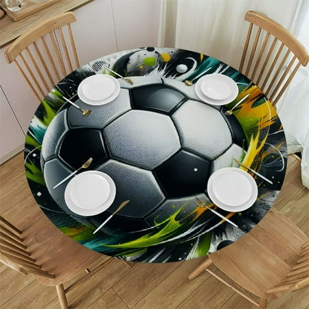 PIKWEEK Soccer Painting Round Fitted Tablecloth Fitted Table Cloth for Round Table Waterproof Wipeable Round Elastic Table Cloth Circular Table Cover with Elastic Edge