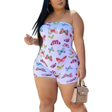 Emmababy Women Butterfly Print Strapless Rompers Off Shoulder Playsuit Short Jumpsuit Clubwear 2020
