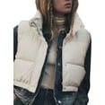 thumbnail image 2 of Women's PU Leather Puffer Vest Solid Color Stand Collar Quilted Waistcoat Fall Winter Casual Sleeveless Padded Jacket Coat, 2 of 10
