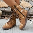 thumbnail image 2 of Floral Embroidered Mid Calf Combat Boots for Women Boho Vintage Flower Lace up Low Heel Winter Fall Riding Short Boots with Side Zipper, 2 of 6