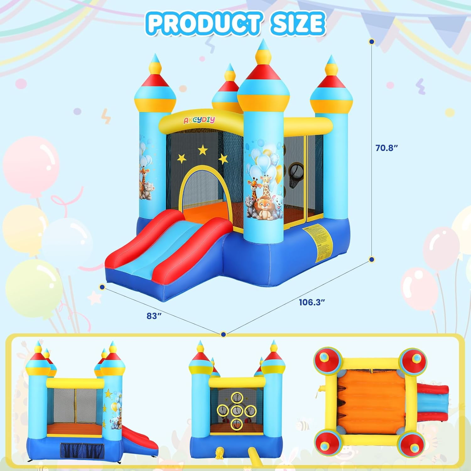 Qhomic Bounce House, Animal Themed Castle, Indoor Outdoor Inflatable Bounce House with Jumping Area, Slide, 370W Blower