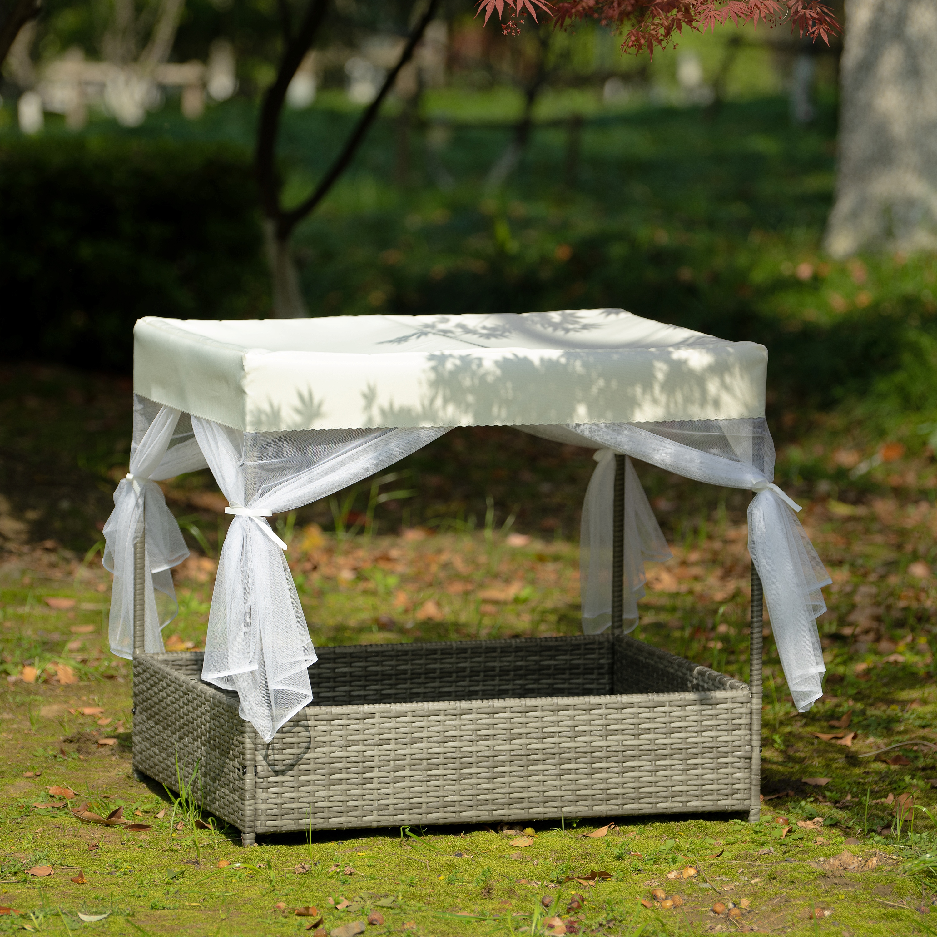 ZephyPaws 36" Dog Bed with Curtain, PE Wicker Pet Patio Furniture, Outdoor Elevated Pet Bed with Canopy & Cushion, Durable PVC Frame for Garden, Patio or Backyard