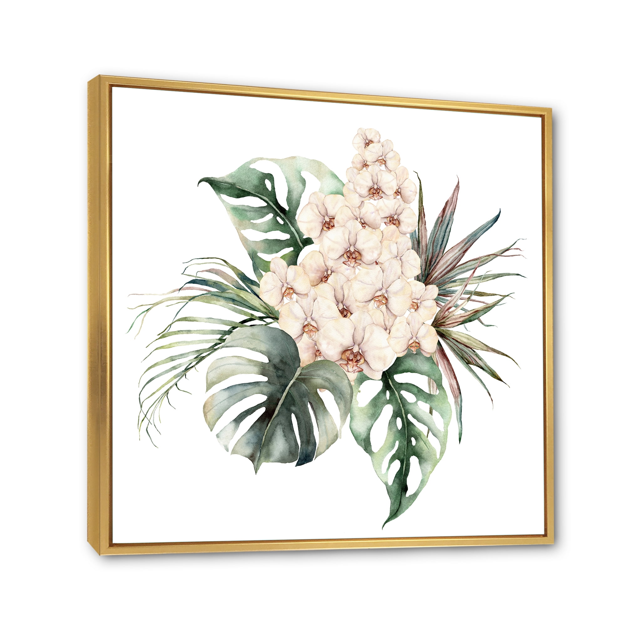 Designart 'Bouquet With Orchids Coconut Leaves and Monstera ' Traditional Framed Canvas Wall Art Print