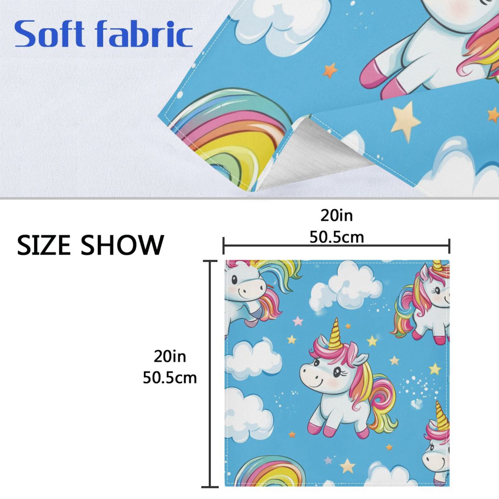 JSTEL Cute Rainbow Unicorns Cartoon Cloth Napkins Set of 6, 20x20 Inch Washable and Reusable Napkin for Decoupage Dinner Party Everyday Use