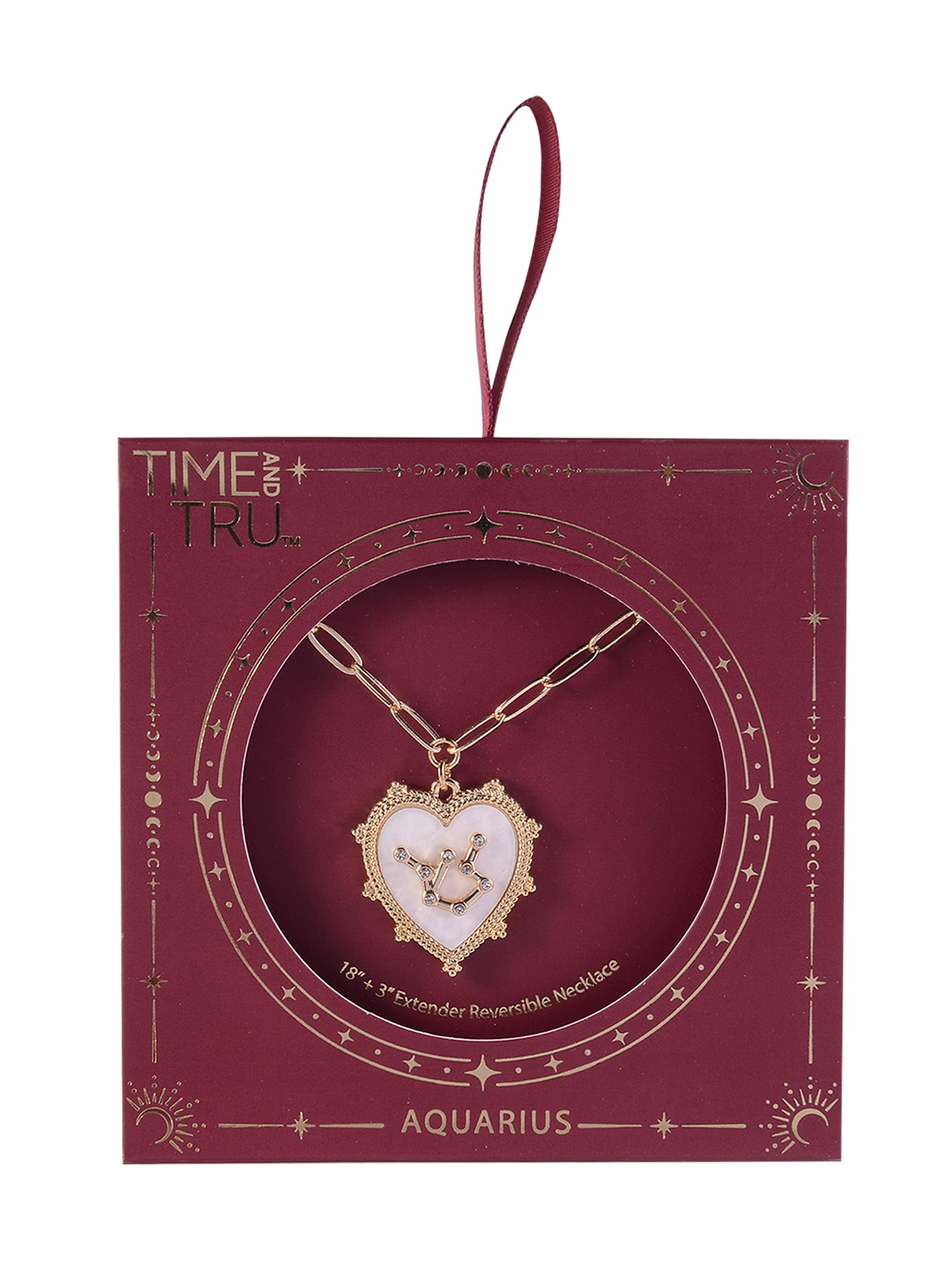 Time and Tru Women's Oval Link Chain Heart with Stone and Inset Constellation "Aquarius" Goldtone Reversible Necklace