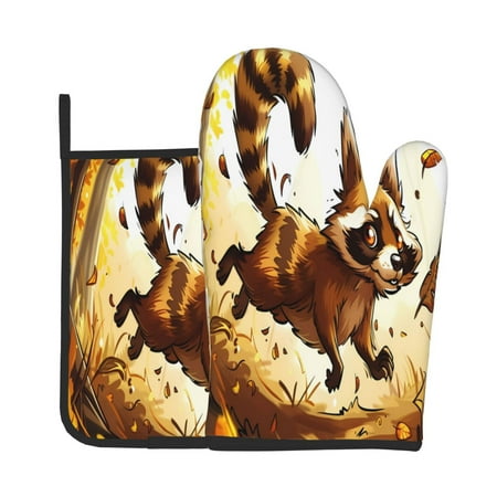 

Vsdgher Autumn Raccoon In Forest Oven Mitts and Pot Holders 2 pcs Set High Heat Resistant Kitchen Oven Glove for Baking and Cooking