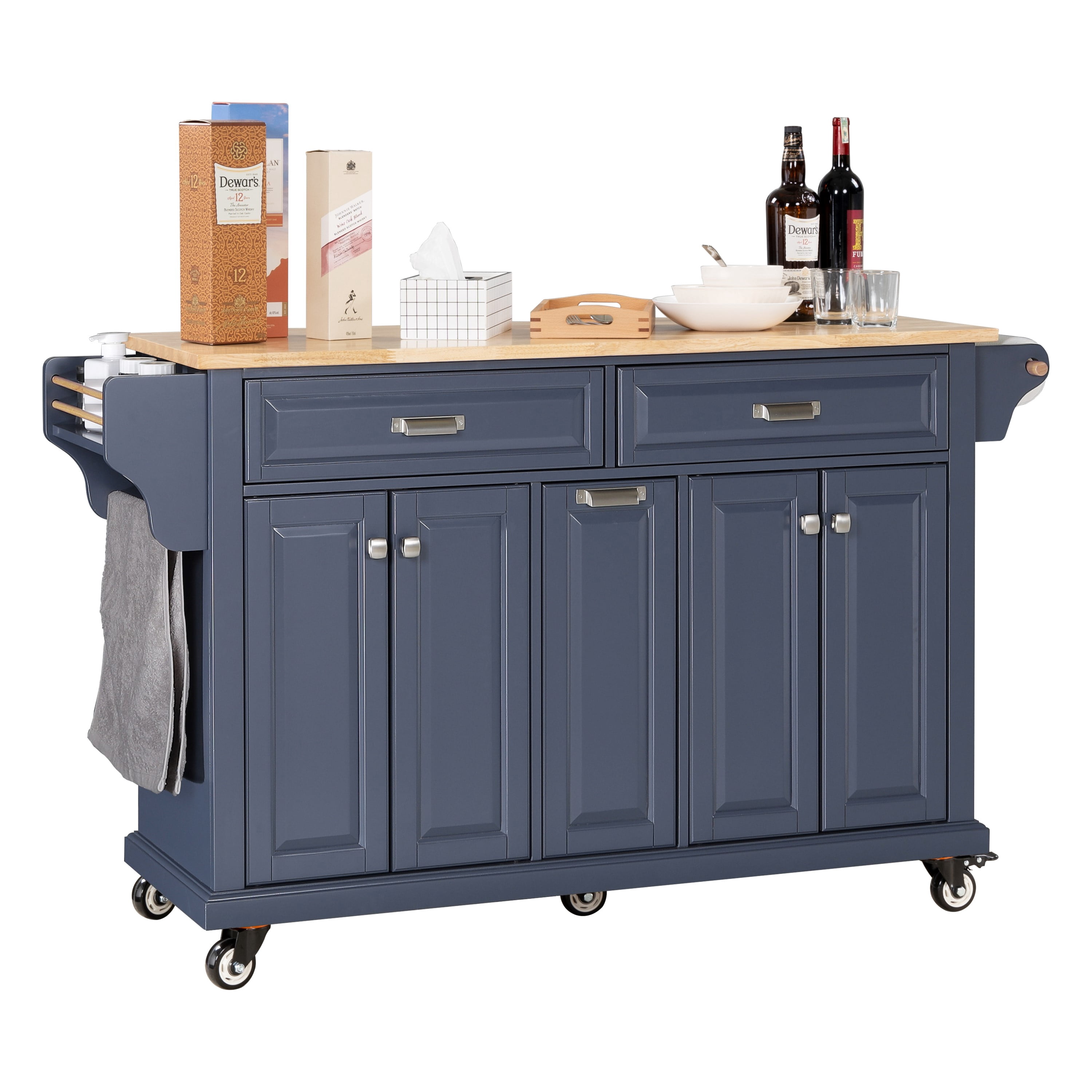 Cambridge Mobile Kitchen Islands on Wheels with Storage, Rubber Wood Countertop, Spice Rack,Towel Holder, 3 Storage Drawers and 2 Cabinets, L60.5 x W18.13 x H36.75IN, (Blue)