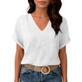 thumbnail image 4 of LNWUY Summer Linen Shirts for Women V Neck Blouses Roll Short Sleeves Dressy Casual Tunic Tops Cotton Linen Loose Fit Tops White M, 4 of 9