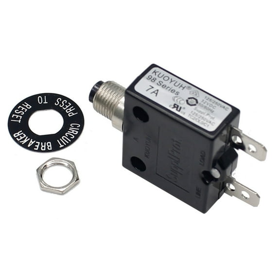 KUOYUH USA 7 Amp 98 Series Quick Connect Terminals Push-to-Reset Thermal Circuit Breaker with Transparent Waterproof Button Dust Cover (1 Pack)