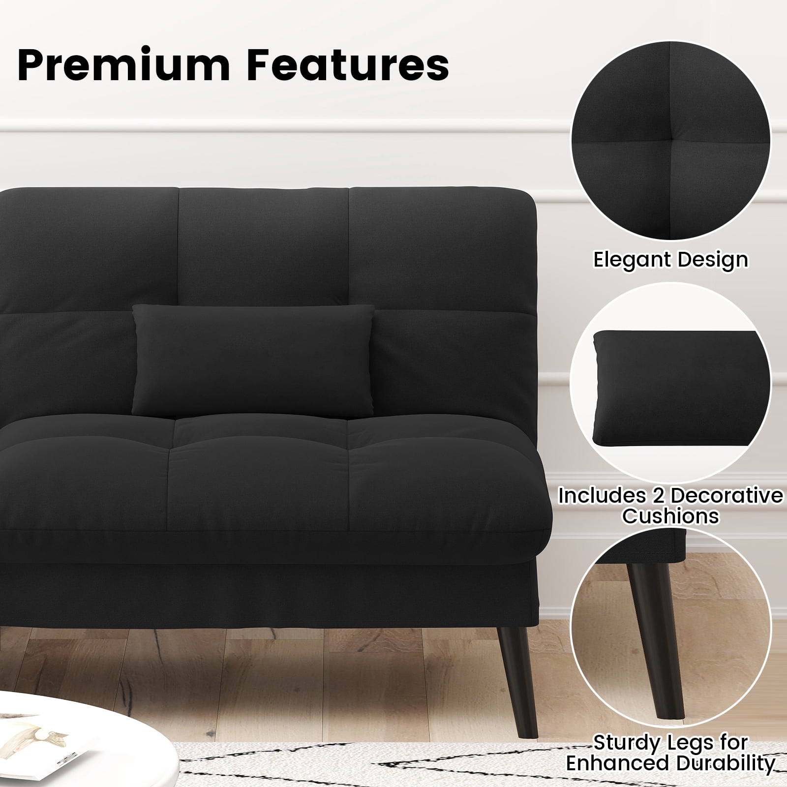 CloudRest Pro 72" Modern Convertible Futon Sofa Bed, Upholstered Futon Couch with 5 Adjustable Backrest Angles,Suitable for Apartment,Living Room,Black