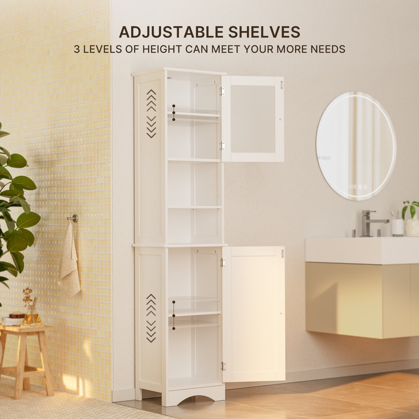 Lofka 67.1"H Wooden Bathroom Storage Cabinet with Transparent Glass Door and Adjustable Shelves for Living Room, White