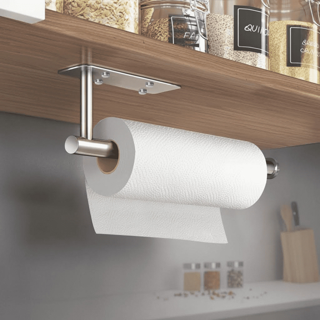 Under Cabinet Paper Towel Holder, Wall Mounted Kitchen and Bathroom Roll Holder with Damping Effect, Brushed Silver Stainless Steel