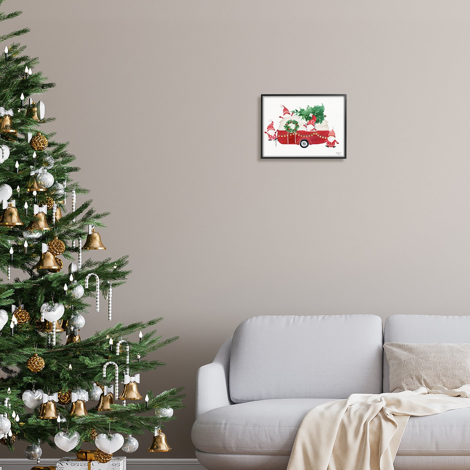Stupell Industries Holiday Garden Gnomes Seasonal Holly Wreath Tree Painting Black Framed Art Print Wall Art, Design by Heatherlee Chan