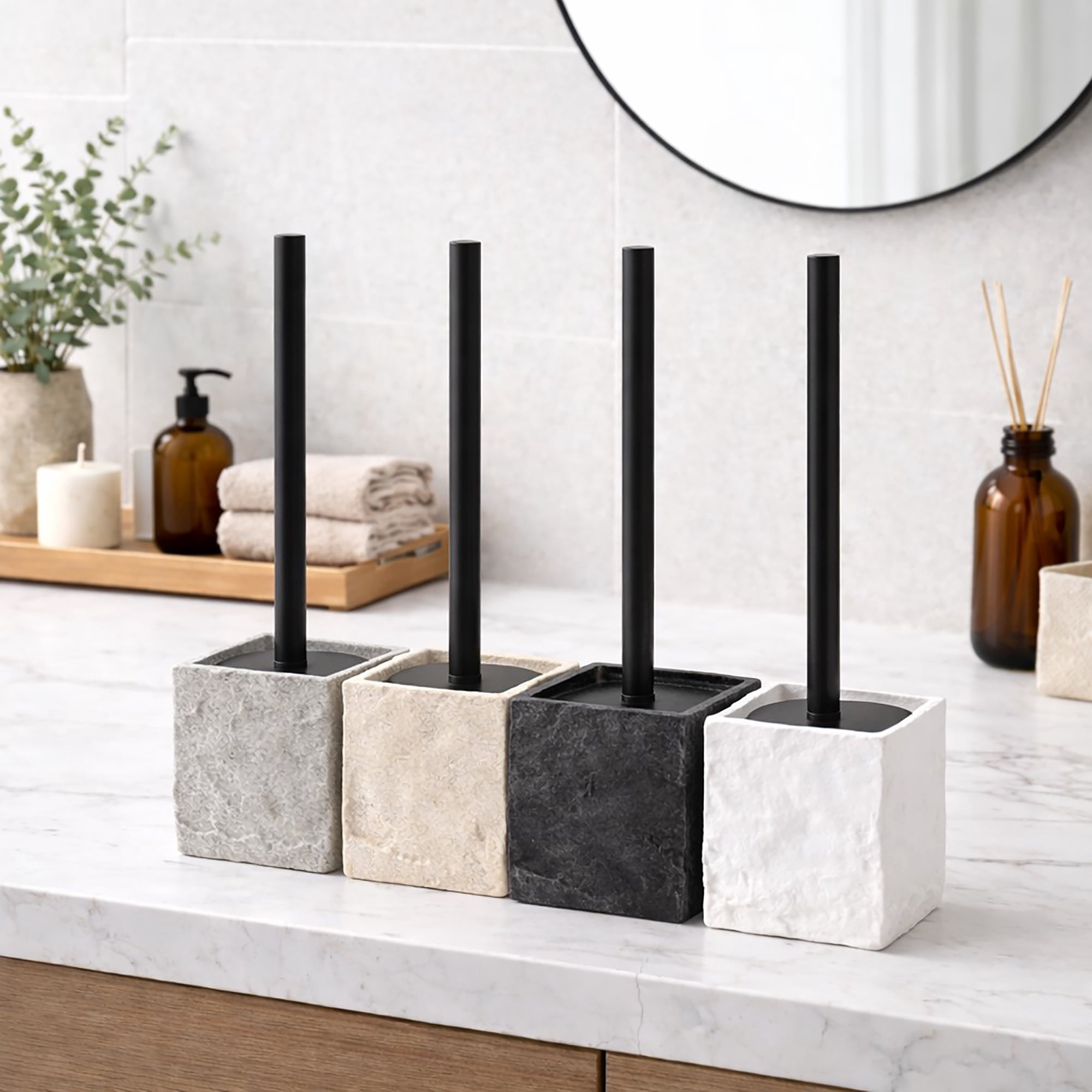 Natural Stone Effect Square Toilet Brush and Holder Set