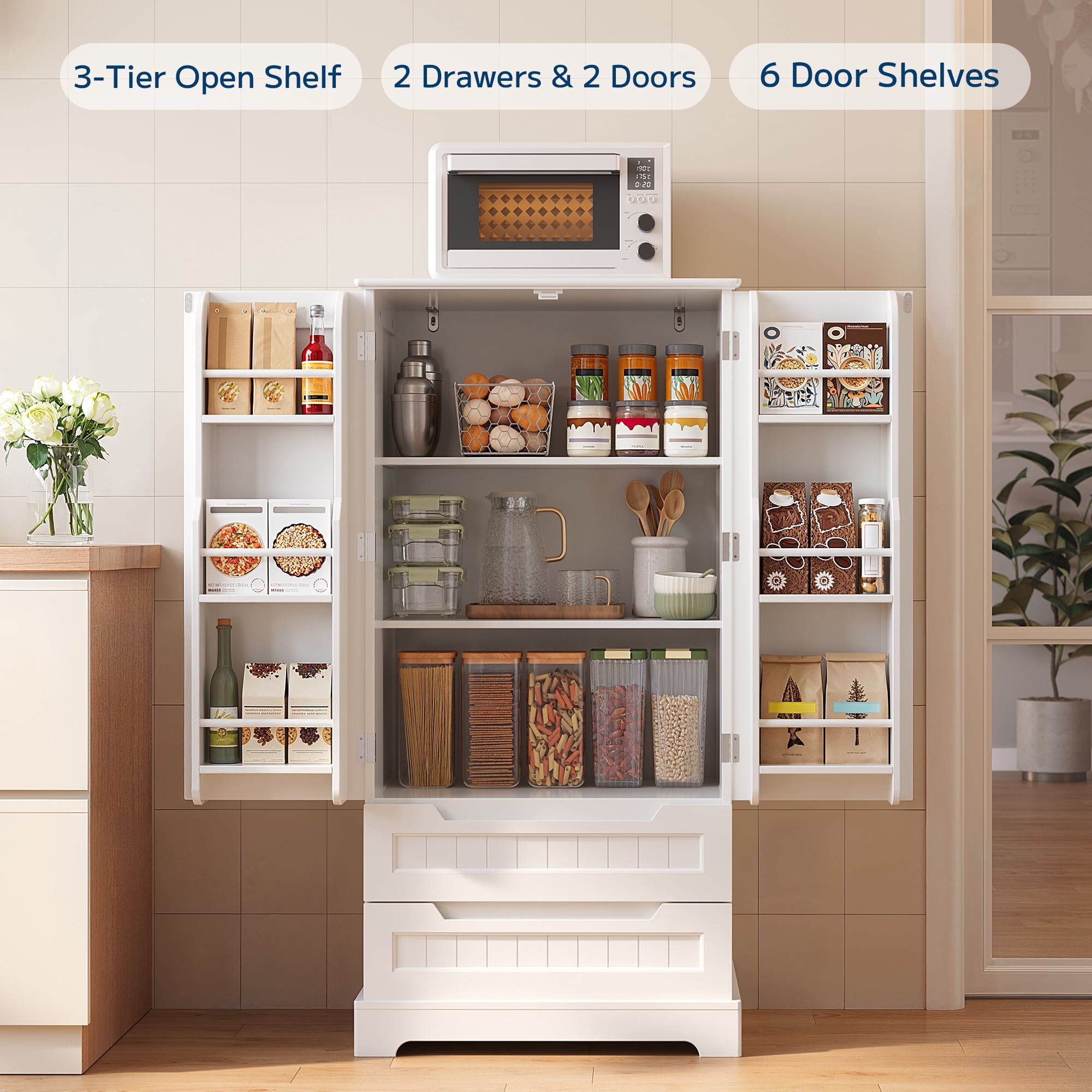 Pantry Storage Cabinet with 2 Drawers，Asofer 47" Kitchen Small Food Pantry Cabinet for Dining Room, White