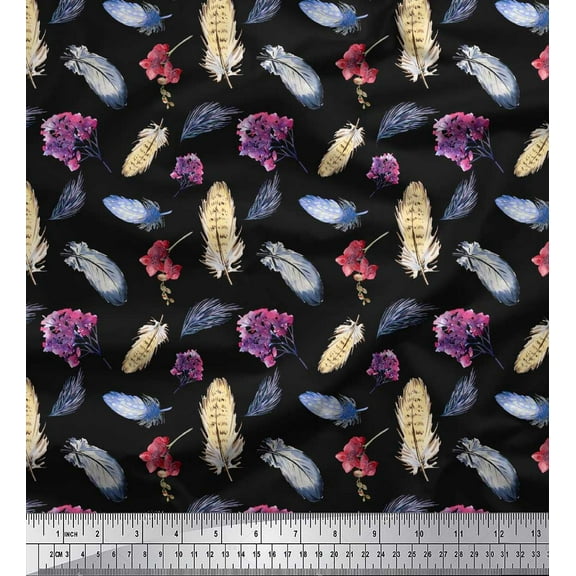 Soimoi Black Cotton Duck Fabric Feather & Floral Fabric Prints By Yard 42 Inch Wide