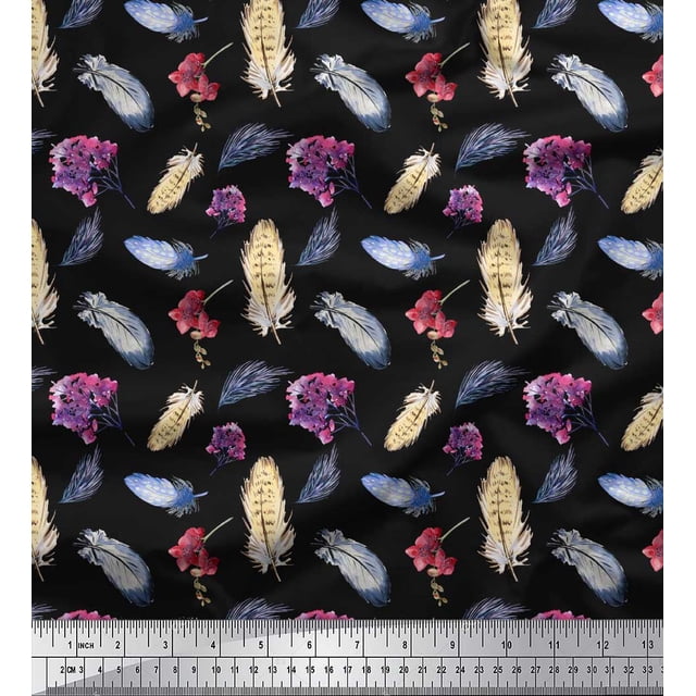 Soimoi Black Poly Georgette Fabric Feather & Floral Print Fabric by Yard 42 Inch Wide